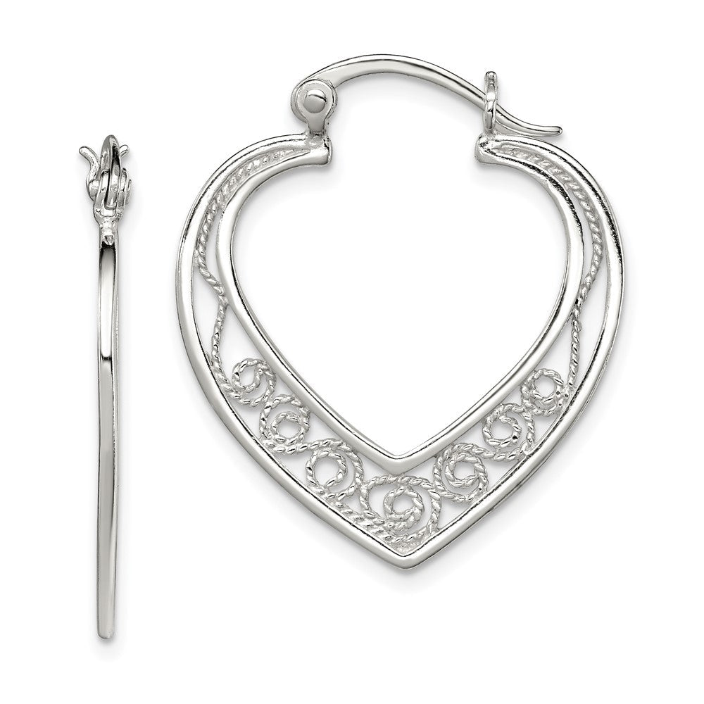 Sterling silver filigree heart hoop earrings front view