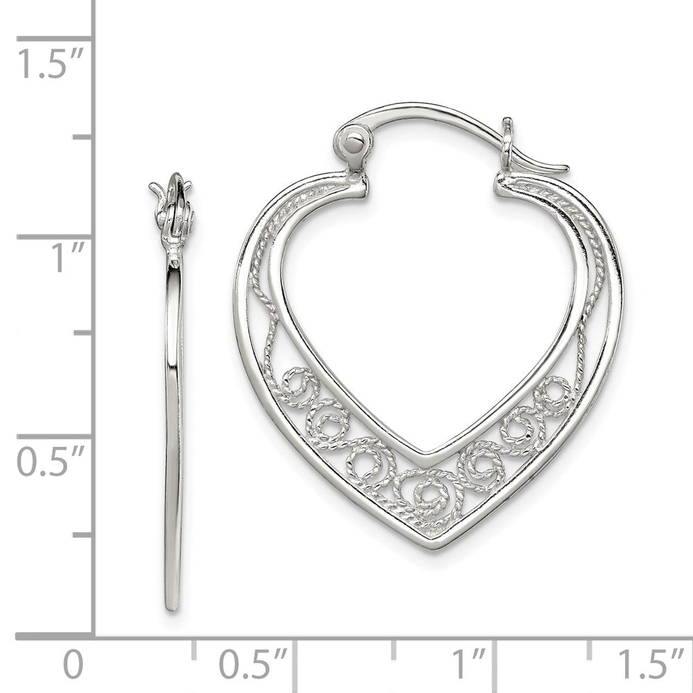 Sterling silver filigree heart hoop earrings measurement guide