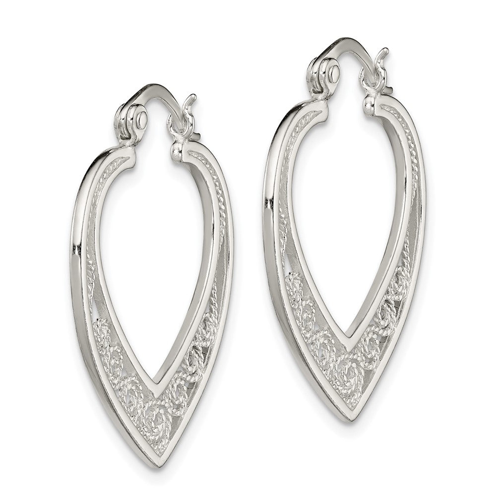 Sterling silver filigree heart hoop earrings side view
