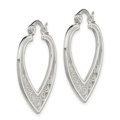Sterling silver filigree heart hoop earrings side view