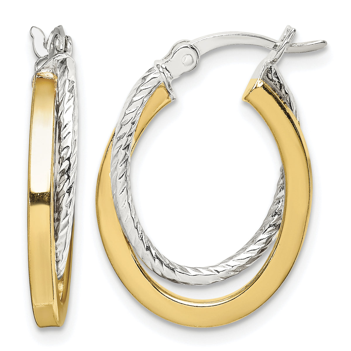 Gold-tone and sterling silver twisted oval hoop earrings front view