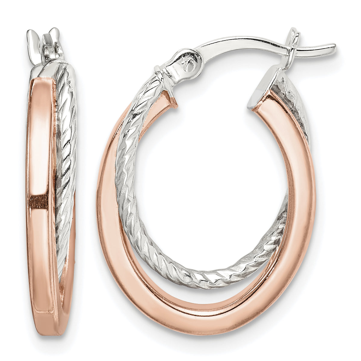 Rose-tone and sterling silver twisted oval hoop earrings front view