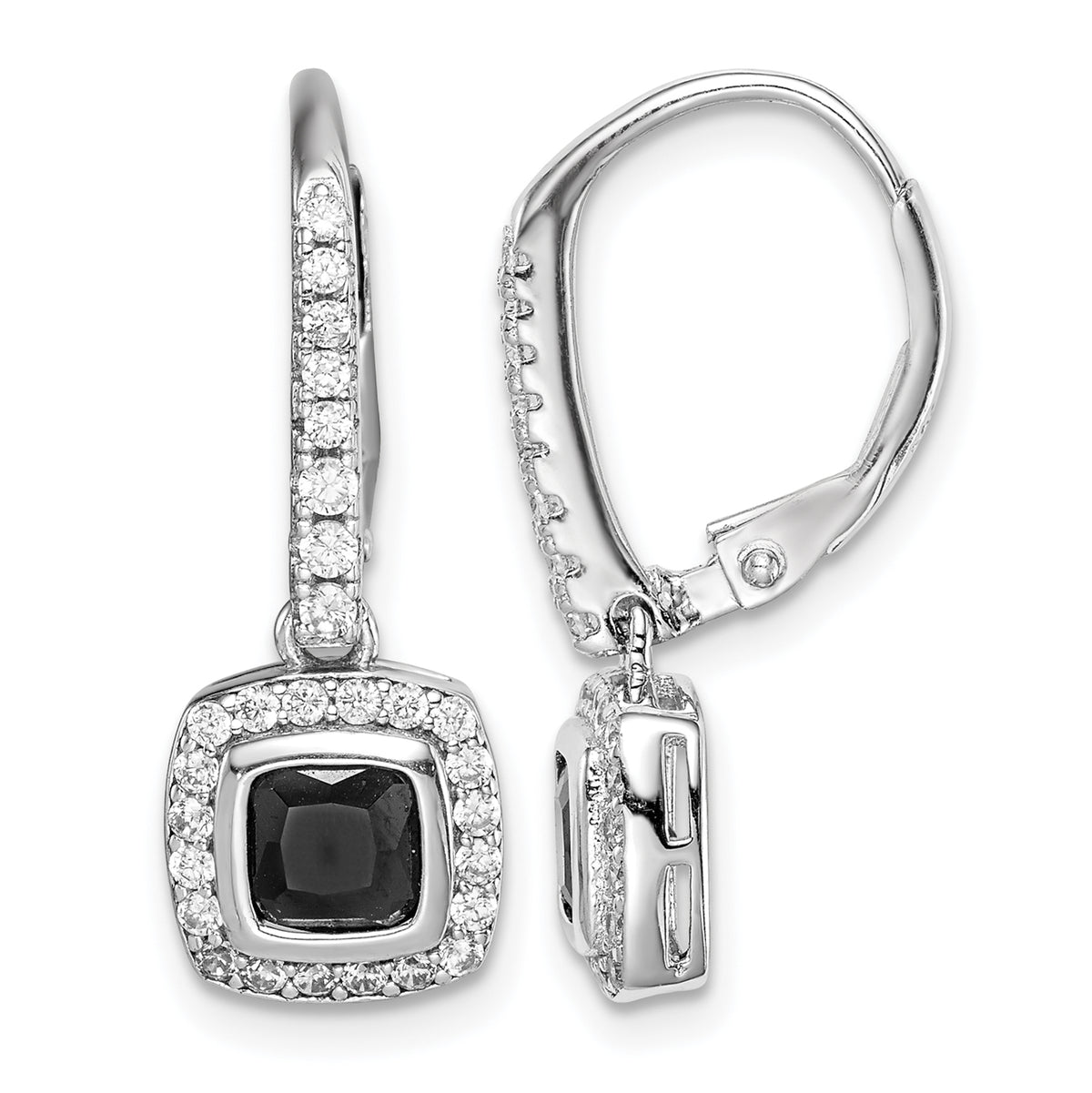 Sterling silver black and white CZ halo leverback earrings front and side view