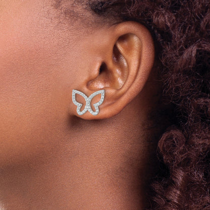 Sterling silver CZ butterfly stud earrings worn on ear