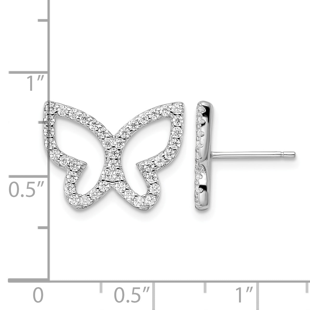 Sterling silver CZ butterfly stud earrings measurement guide