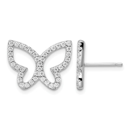 Sterling silver CZ butterfly stud earrings front and side view