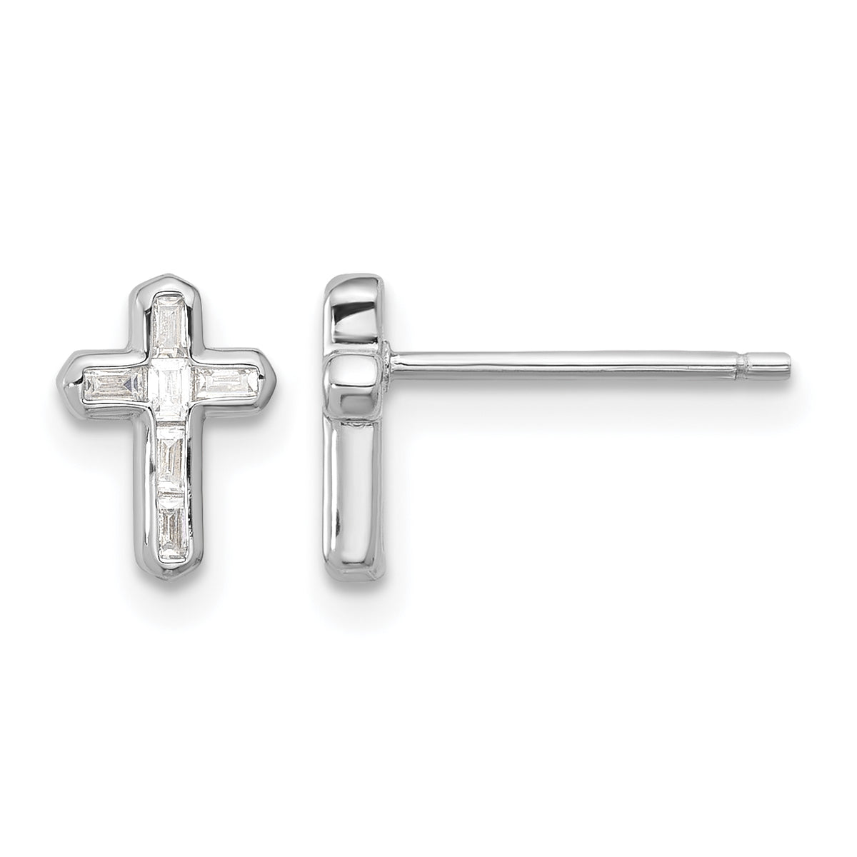 Sterling silver baguette-look CZ cross stud earrings front and side view