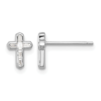 Sterling silver baguette-look CZ cross stud earrings front and side view