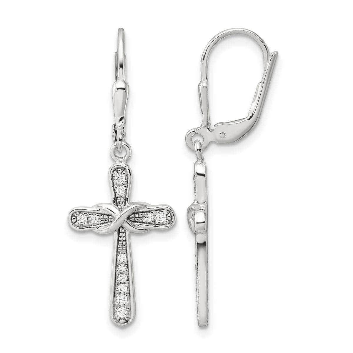 Sterling silver CZ infinity cross leverback earrings front and side view