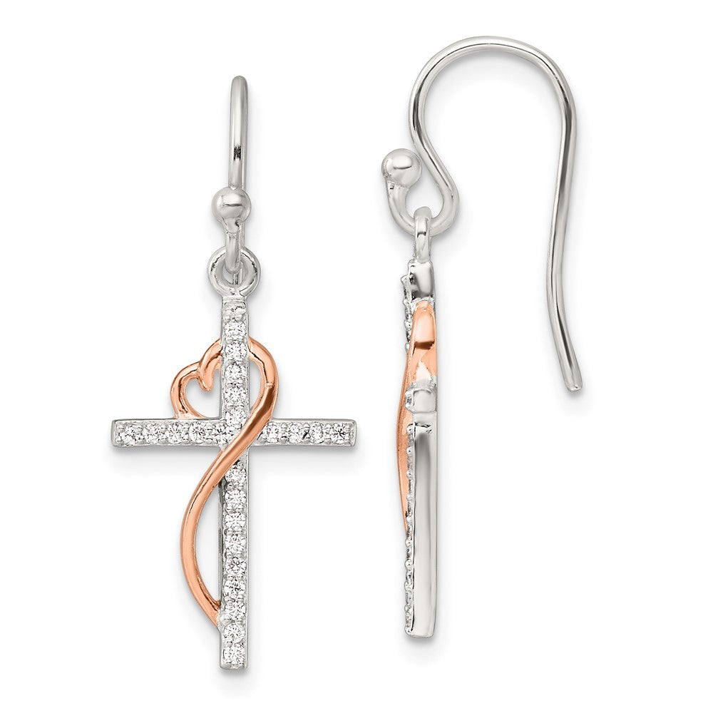 Sterling silver rose-tone CZ heart and cross dangle earrings front view
