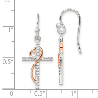 Sterling silver rose-tone CZ heart and cross dangle earrings measurement guide