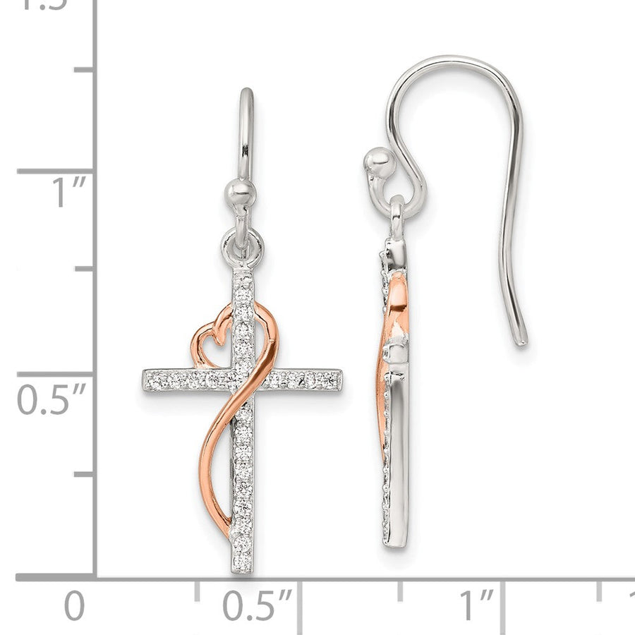Sterling silver rose-tone CZ heart and cross dangle earrings measurement guide