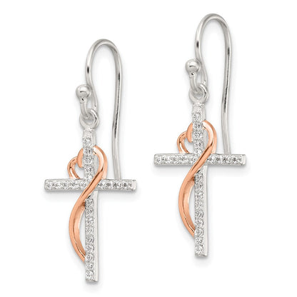 Sterling silver rose-tone CZ heart and cross dangle earrings alternate view