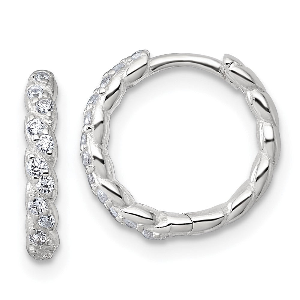 Petite sterling silver twisted CZ huggie hoop earrings front view