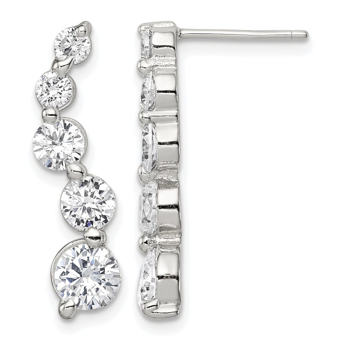 Sterling silver graduated CZ journey drop earrings front and side view