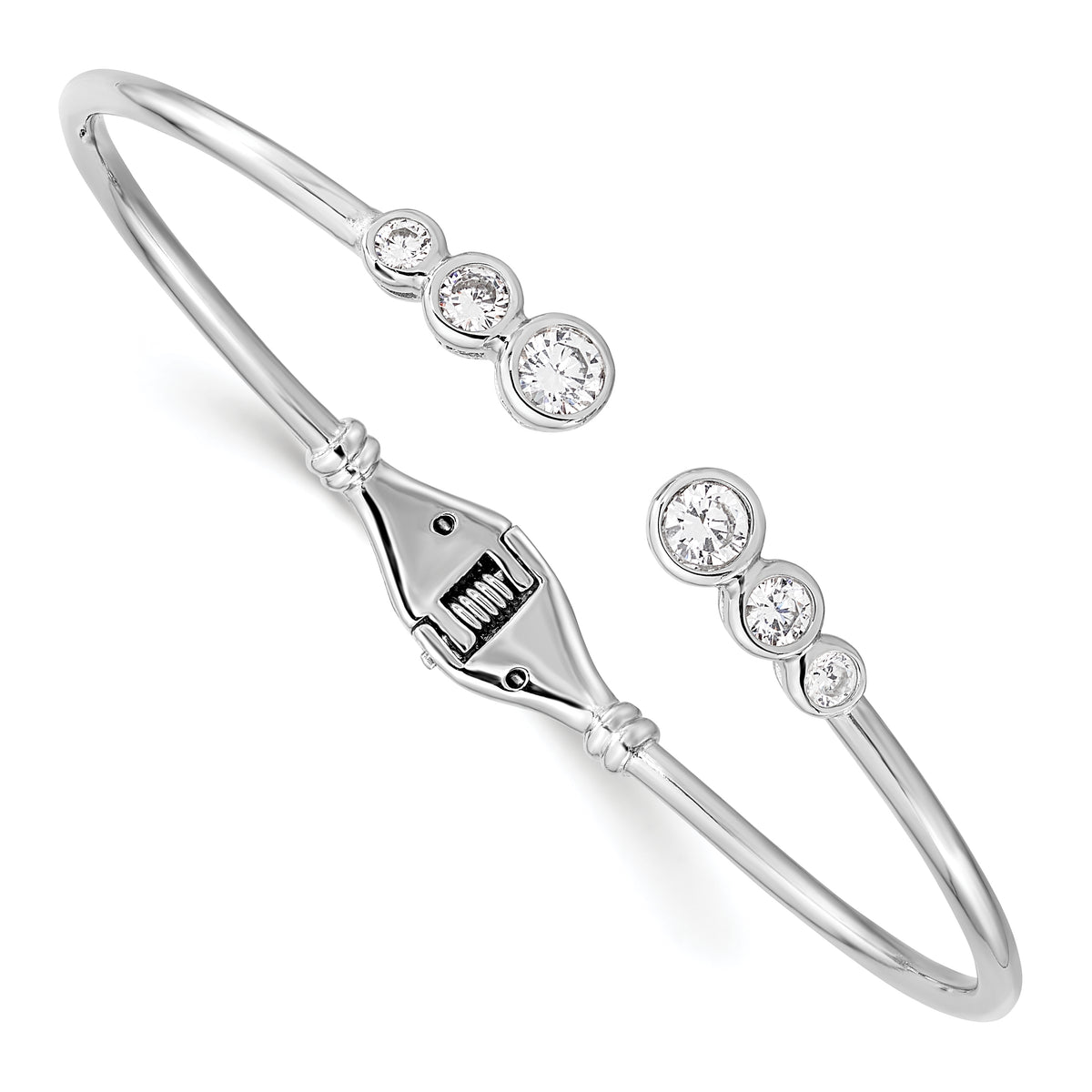 Rhodium-plated sterling silver graduated bezel CZ hinged cuff bracelet