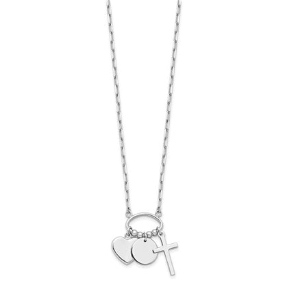 Sterling silver heart disc and cross charm necklace shown full length