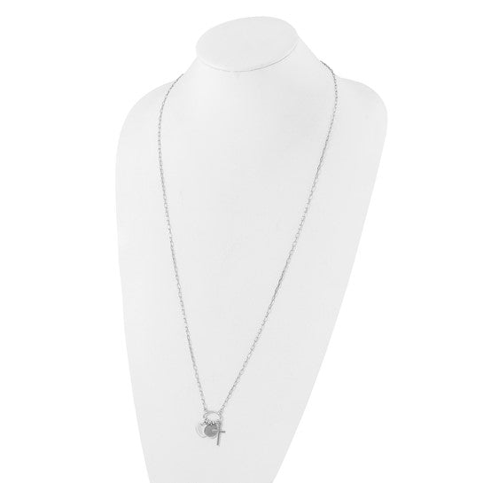 Sterling silver heart disc and cross charm necklace shown on bust