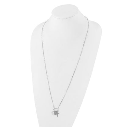 Sterling silver heart disc and cross charm necklace shown on bust