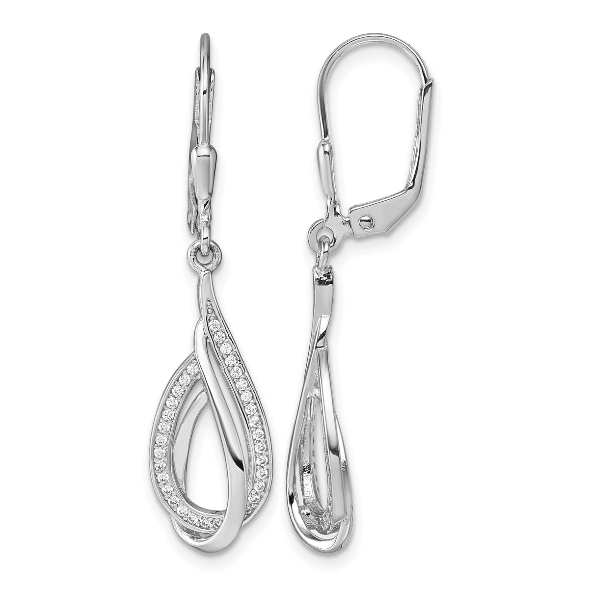 Sterling silver CZ swirl teardrop leverback earrings front view