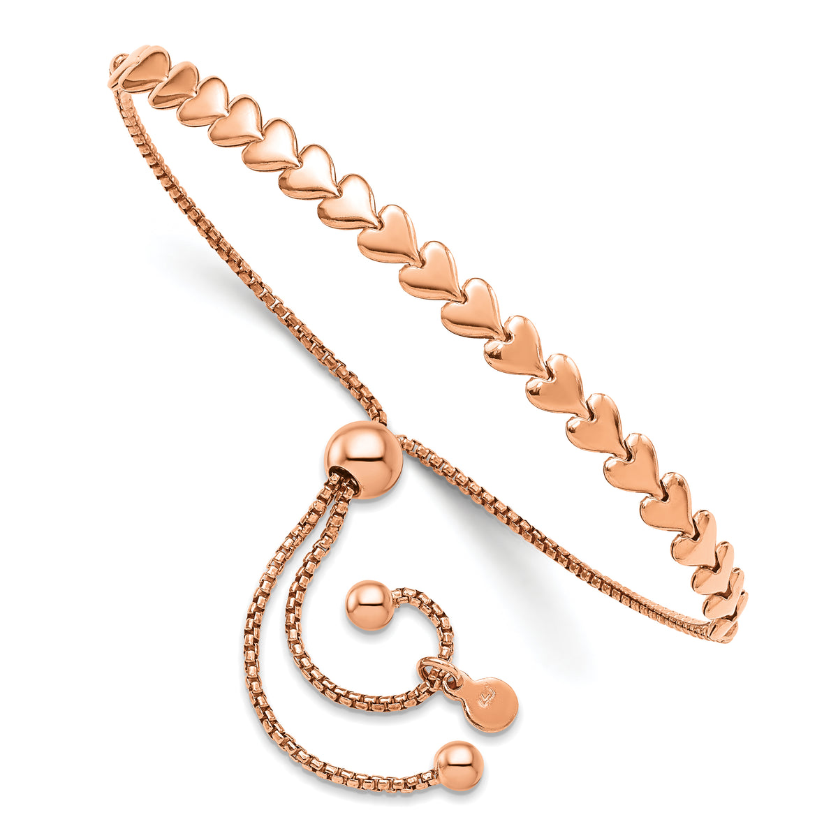 Polished heart bolo bracelet in rose-tone plated sterling silver