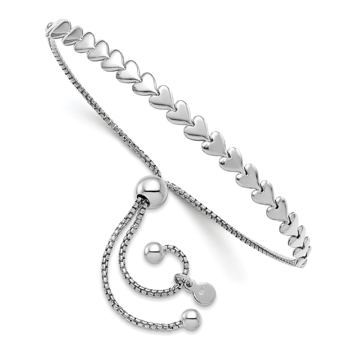 Polished heart bolo bracelet in rhodium-plated sterling silver