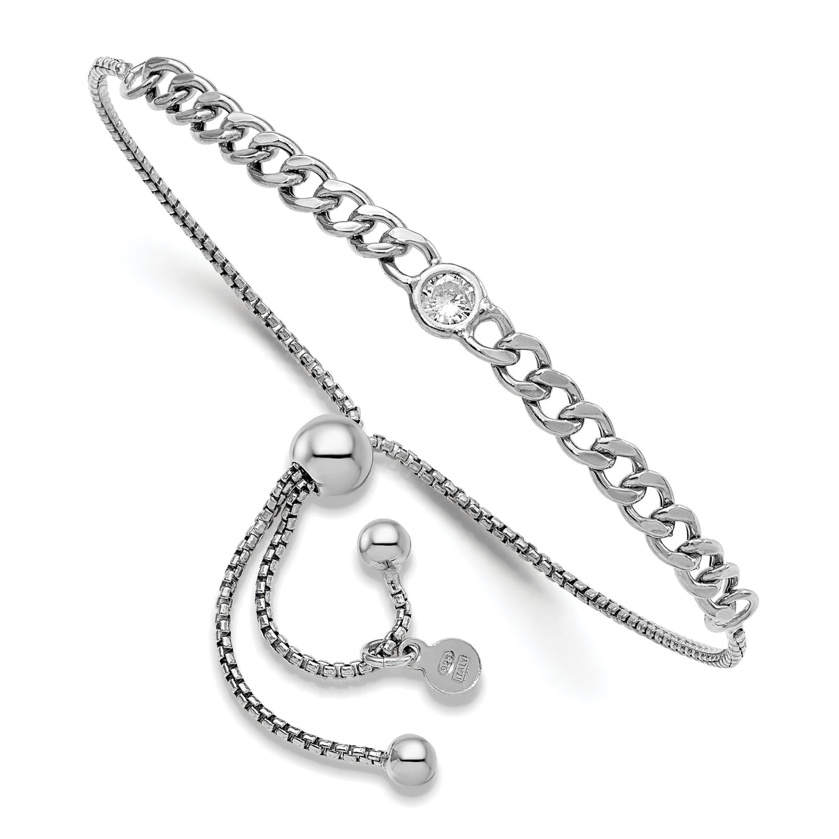Italian CZ curb-link bolo bracelet in rhodium-plated sterling silver