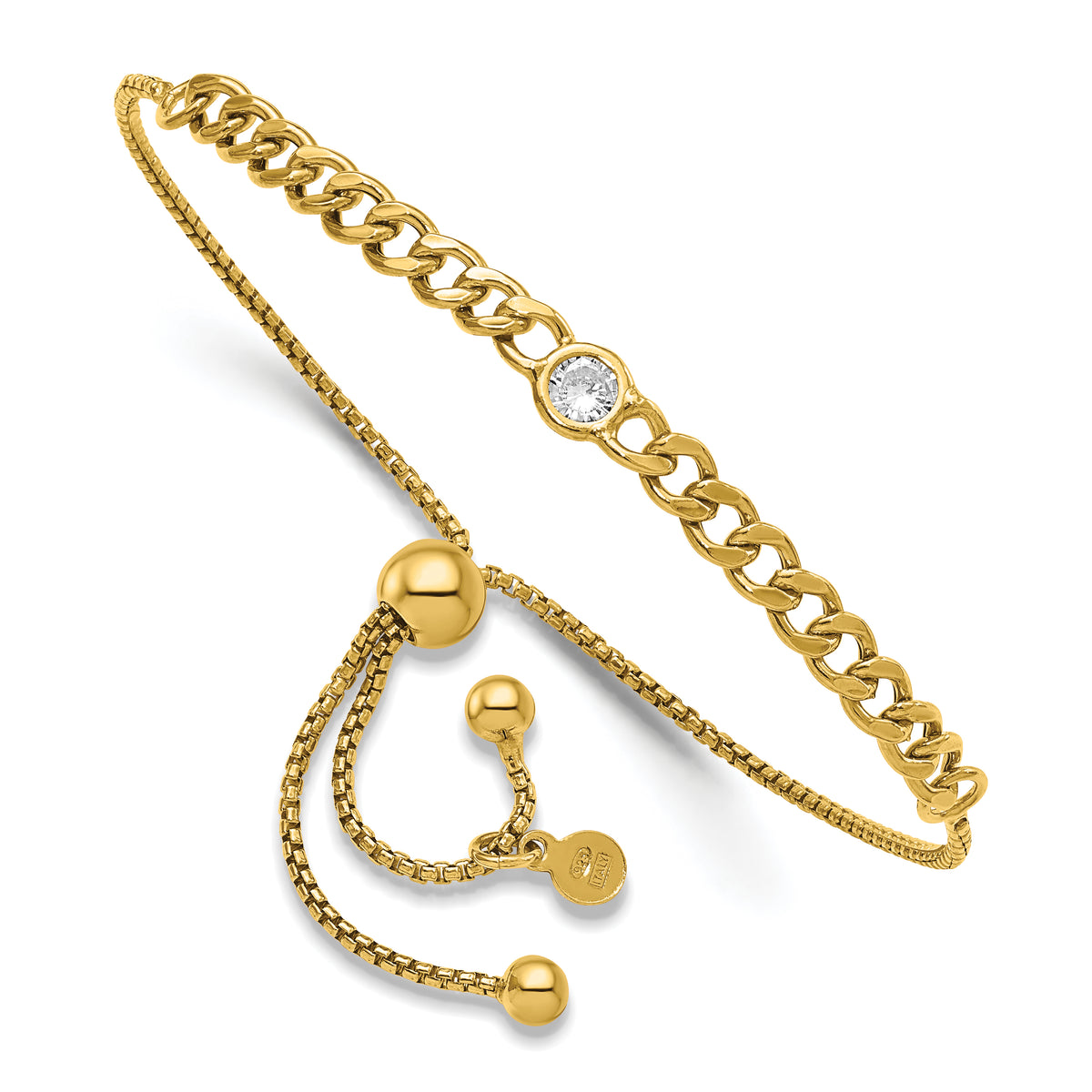 Italian CZ curb-link bolo bracelet in yellow-gold-tone plated sterling silver
