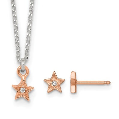 Rose-tone sterling silver CZ star children's necklace and earring set
