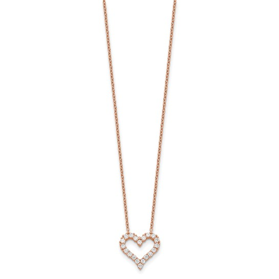 Full view of rose-tone flash gold plated sterling silver cubic zirconia open heart necklace