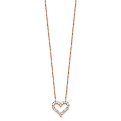 Full view of rose-tone flash gold plated sterling silver cubic zirconia open heart necklace