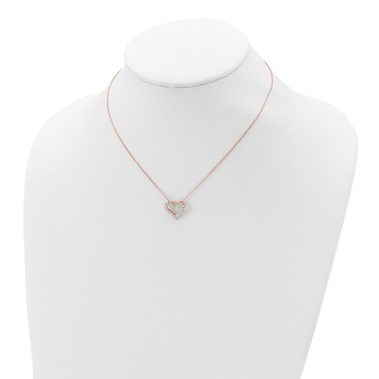 Rose-tone flash gold plated sterling silver cubic zirconia open heart necklace shown on display bust