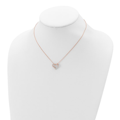Rose-tone flash gold plated sterling silver cubic zirconia open heart necklace shown on display bust