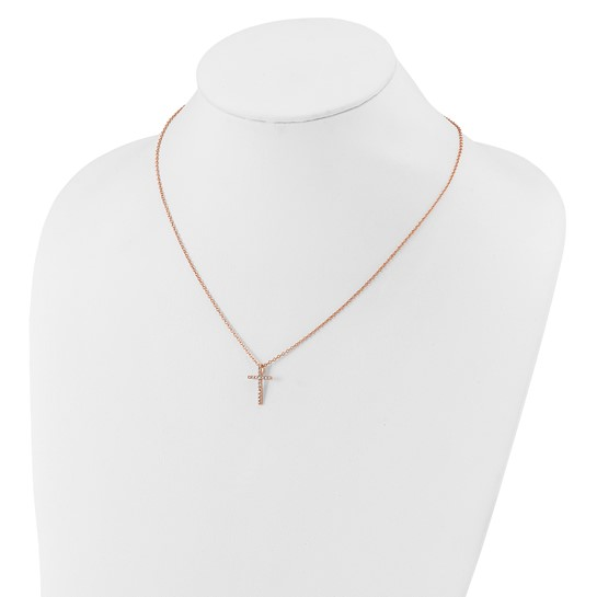 Rose-tone gold-plated sterling silver cubic zirconia cross necklace shown on display bust
