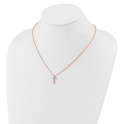 Rose-tone gold-plated sterling silver cubic zirconia cross necklace shown on display bust