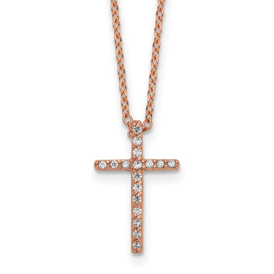 Rose-tone gold-plated sterling silver cubic zirconia cross necklace, pendant detail