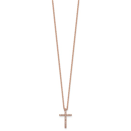 Rose-tone gold-plated sterling silver cubic zirconia cross necklace, full front view