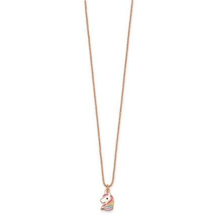 Full view of the rose-tone rainbow enamel unicorn necklace