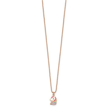 Full view of the rose-tone rainbow enamel unicorn necklace