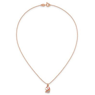 Rose-tone unicorn necklace arranged flat