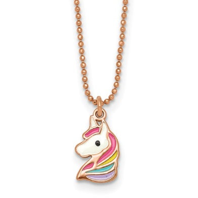 Rose-tone sterling silver rainbow enamel unicorn children's necklace