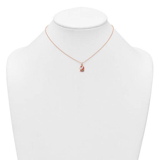 Rose-tone rainbow enamel unicorn necklace shown on a display bust