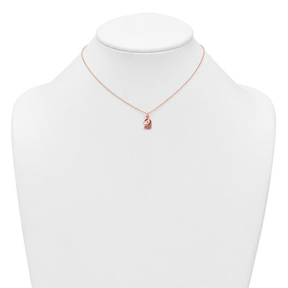 Rose-tone rainbow enamel unicorn necklace shown on a display bust