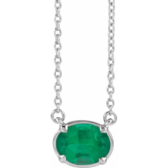 Front view of oval lab-grown emerald necklace in sterling silver