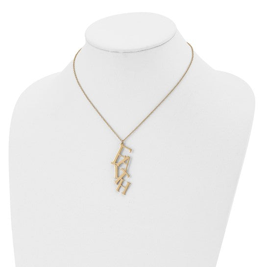 Gold-tone stainless steel Faith pendant necklace shown on bust
