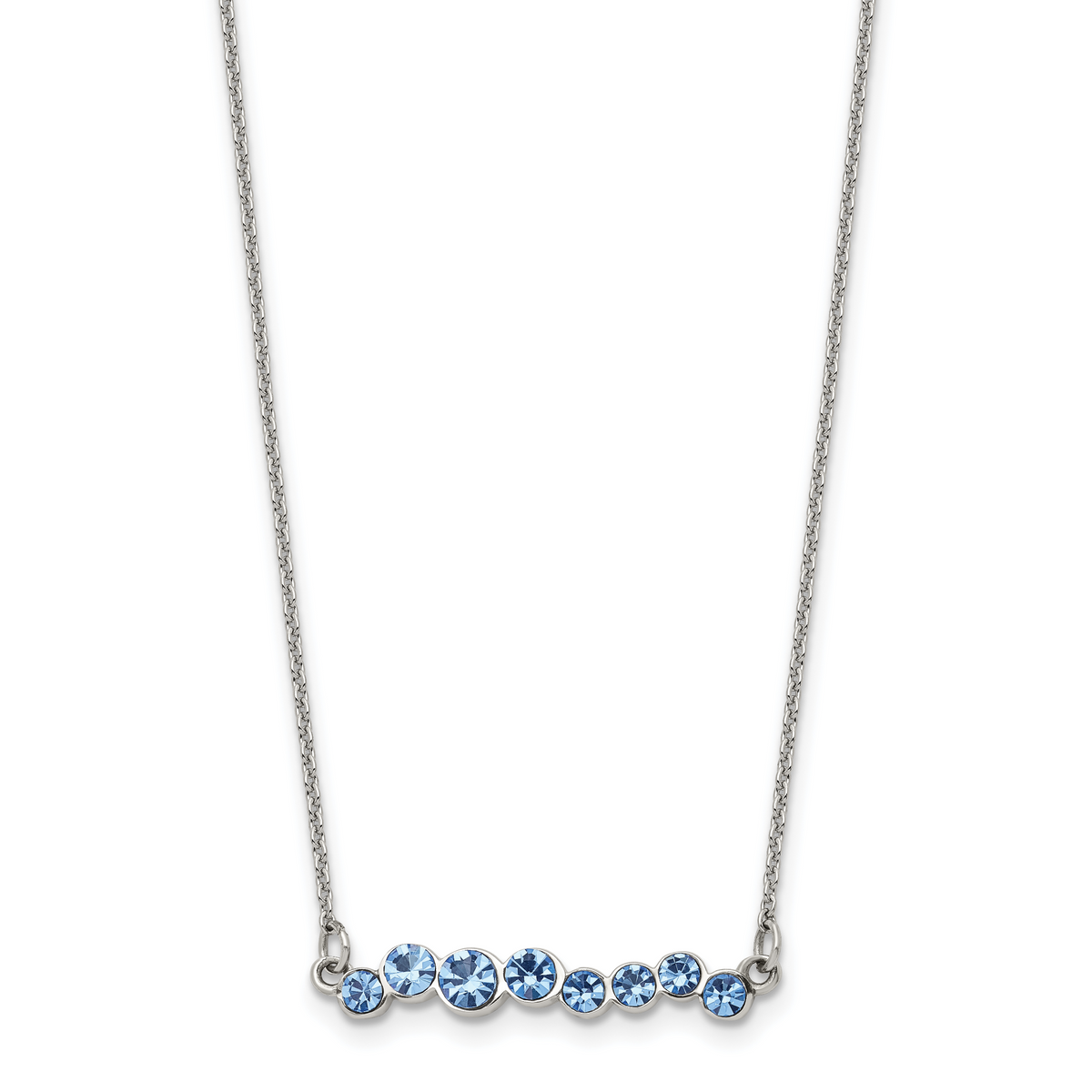 Blue crystal bar necklace in polished stainless steel