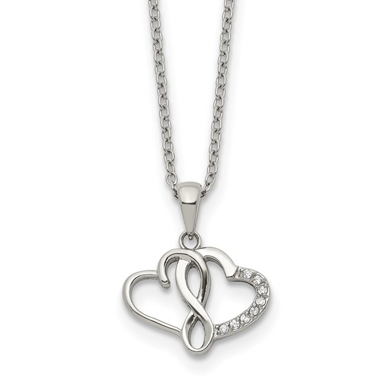 Polished stainless steel cubic zirconia infinity double-heart necklace detail