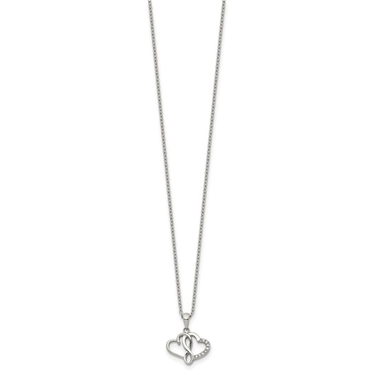 Full view of stainless steel infinity double-heart necklace