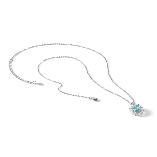 Sterling silver aqua-blue and white cubic zirconia oval halo necklace with chain and extender shown