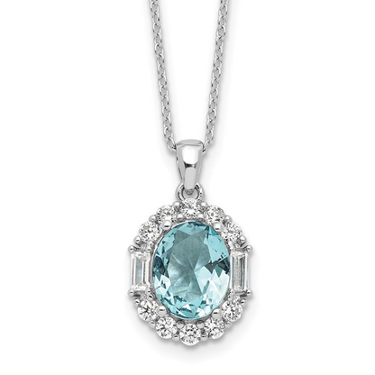 Close-up of sterling silver aqua-blue and white cubic zirconia oval halo necklace